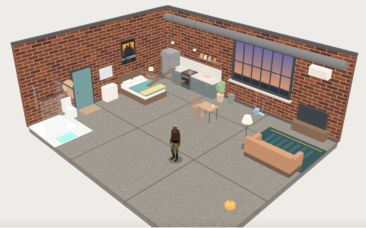 A player's character standing in a brick-walled studio apartment with a bed, kitchen, couch and a sunset window.